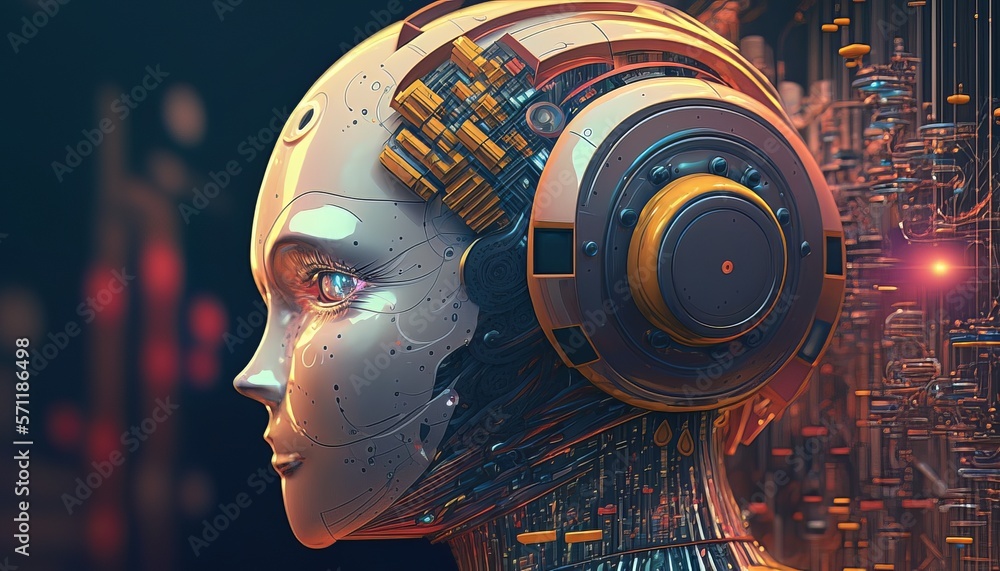 Aufkleber Humanoid fictional cyborg  design background. Artificial intelligence robotic machine. Generative AI technology.