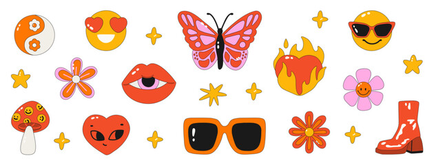 Clipart of the 60s - 70s. Hippie style. Vector illustrations in simple linear style. Stickers - Sunglasses, butterfly, heart, flowers,mushroom, smiley face. psychedelic style. Isolated on background. 