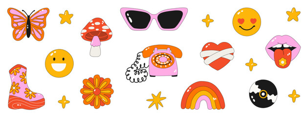 Retro clipart of the 60s - 70s. Vector illustrations in simple style. Stickers - Retro phone, rainbow, butterfly, flowers,mushroom, smiley face. Hippie psychedelic style. Isolated on background. 