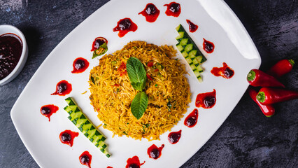 Indian biriyani rice pot served with red chili sauce and mint leave on a white plate, black background.