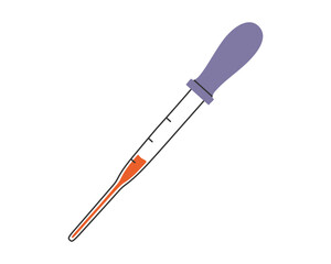 Hand drawn cute illustration of pipette with blood. Flat vector laboratory equipment in simple colored doodle style. Blood test, dropper, medicine sticker, icon or print. Isolated on white background