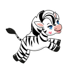 Funny cartoon zebra on white background isolated. Vector illustration for children. Print for t-shirt