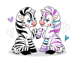 Two cute cartoon zebras on a white background. Print isolated for kids