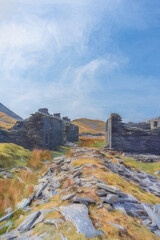 Fototapeta premium Digital painting of Cwmorthin Terrace and Rhosydd Slate Quarry, Blaenau Ffestiniog