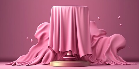 a pink podium with a pink cloth draped over. Generative AI