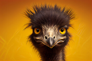 Shaggy Emu head, isolated on yellow background. AI.