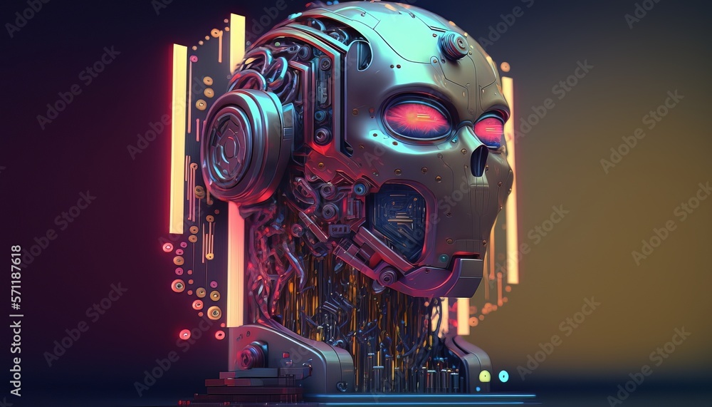 Poster Artificial intelligence robot head background. Futuristic cyber technology robotic machine. Generative AI technology.