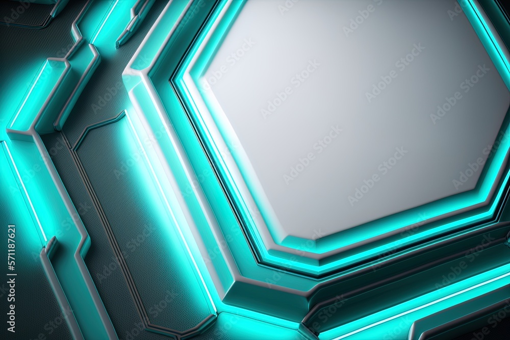 Poster the edge is lit in turquoise and the surface is white with an embossed shape. combining technology w