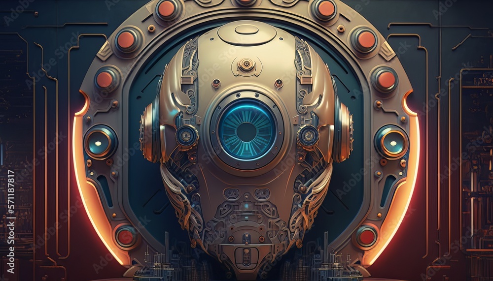 Poster Machine retro robot head background. Cyber artificial intelligence technology. Generative AI technology.