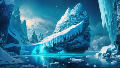 Iceberg mountain freezing climate arctic landscape background. Generative AI technology.	