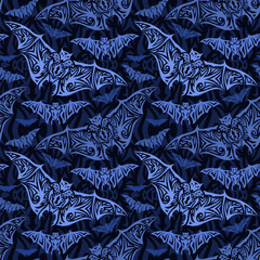 Colorful blue tribal tile pattern with flying bats