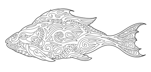 Line art for coloring book with fish silhouette