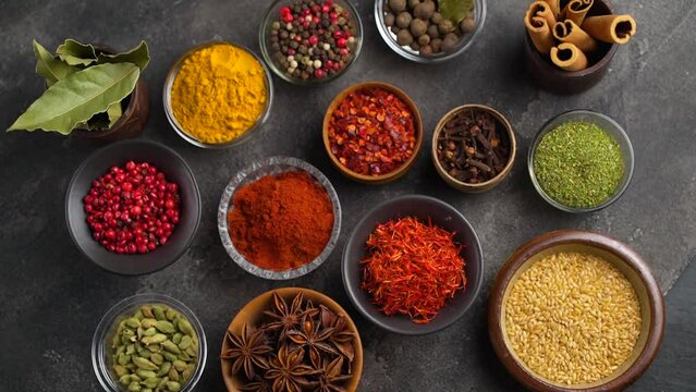 Set of Spices and herbs for cooking. Small bowls with colorful seasonings and spices - basil, pepper, saffron, salt, paprika, turmeric. On black stone table top view copy space