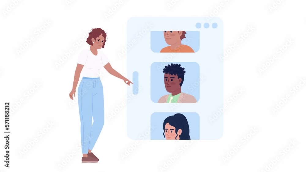 Poster animated woman scrolling feed. finding clients in social media. customers list. 2d cartoon flat char