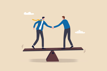Negotiation for business winning, agreement or partnership deal for both benefit, merger and acquisition, professional talk concept, businessman handshake with success negotiation over balance seesaw. - obrazy, fototapety, plakaty