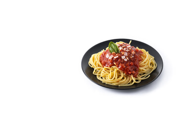 Spaghetti with bolognese sauce isolated on white background. Copy space
