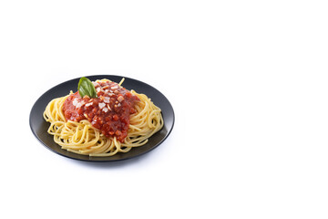 Spaghetti with bolognese sauce isolated on white background. Copy space