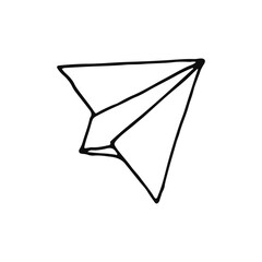Paper airplane. The toy plane is made of paper. Doodle. Vector illustration.  Outline. Hand drawn.