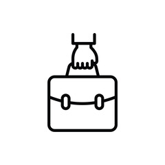 Briefcase in hand thin line icon. Symbol of portfolio. Vector illustration.