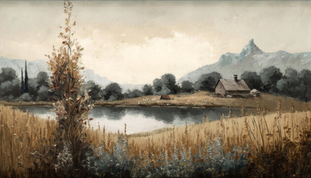 Vintage Countryside Landscape With Trees, Shrubbery, and Nature. Rivers and Lakes, Old Country Houses, Oil and Watercolor - Generative AI