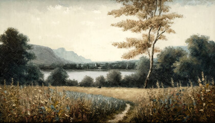 Vintage Countryside Landscape With Trees, Shrubbery, and Nature. Rivers and Lakes, Old Country Houses, Oil and Watercolor - Generative AI
