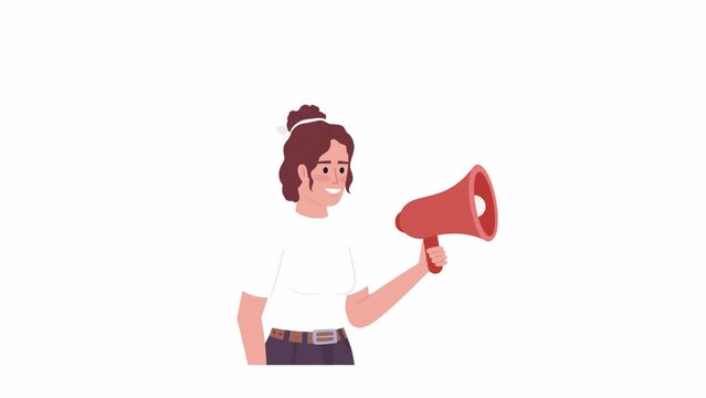 Animated girl holding loudspeaker. Motivational speaker. Making announcement. Flat character animation on white background with alpha channel transparency. Color cartoon style 4K video footage