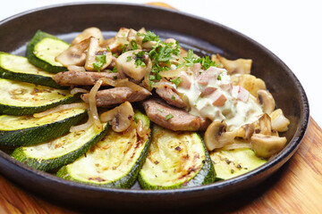 meat with vegetables on the pan