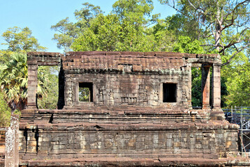 Naklejka premium Bayon temple in Cambodia, faces of unknown deities