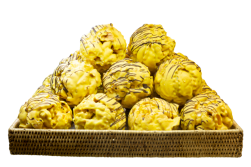 White chocolate balls on tray isolated on white