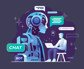 ChatBot, using and chatting artificial intelligence chatbot developed by AI company. Digital chatbot, robot application, conversation assistant concept. Optimizing language models for dialogue. - obrazy, fototapety, plakaty