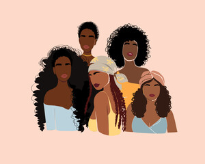 Group of abstract black women. Modern flat style. Portrait of a woman with hairstyles. Design for banner, poster, flyer, t-shirt print