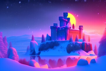 Winter night fantasy landscape. Ancient stone castle in the snow. Neon sunset. 3D illustration - generative ai