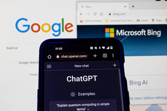 OpenaAI ChatGPT, Microsoft Bing and Google Bard chatbots on screens