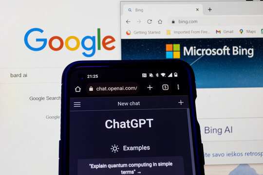 OpenaAI ChatGPT, Microsoft Bing and Google Bard chatbots on screens