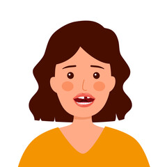 Woman with missing teeth in flat design on white background. Girl loss her tooth.