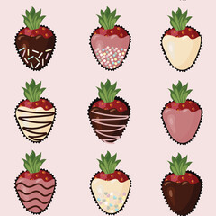 Ripe strawberries in chocolate glaze. fondue dessert. Seamless pattern. Vector illustration.