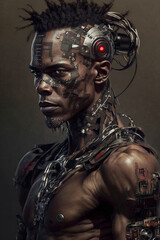 Fototapeta na wymiar Cyborg with a human and robotic face, radiating wisdom. The image portrays the idea of a harmonious blend between human and machine. Ai generated ( not a real human)