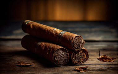 Two whole cigars lying on a rustic wooden table. Generative AI.