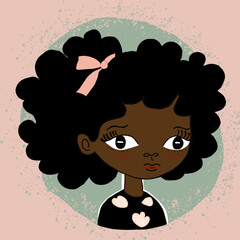 Сartoon portrait of an African American girl with closed eyes, color illustration. Black history month. 