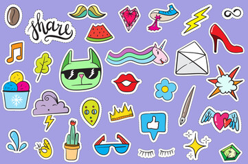 Cute Colorful Modern Patch Set. Fashion patches. Cartoon 80's - 90's style.