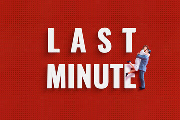 miniature couple with  last minute 3D text on isolated background.