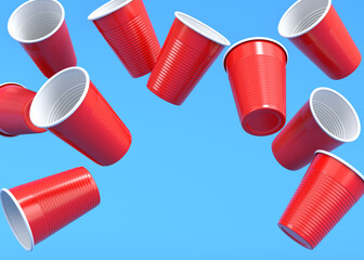 Set of pastic disposable party cup for juice, fresh, beer on blue background.