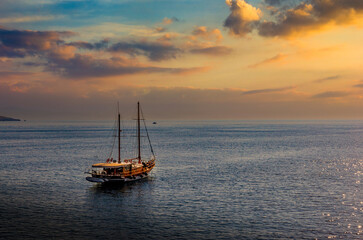 Obraz na płótnie Canvas Yacht in Sea of Marmara near Istanbul at sunset.