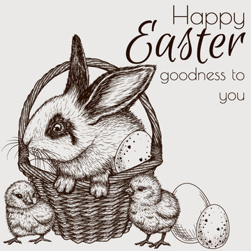 Vector illustration of an Easter card. A rabbit in a basket, little chickens, eggs