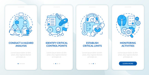 Obraz na płótnie Canvas HACCP principles blue onboarding mobile app screen. Risks reducing walkthrough 4 steps editable graphic instructions with linear concepts. UI, UX, GUI template. Myriad Pro-Bold, Regular fonts used