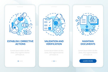 Principles of HACCP blue onboarding mobile app screen. Food control walkthrough 3 steps editable graphic instructions with linear concepts. UI, UX, GUI template. Myriad Pro-Bold, Regular fonts used