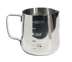 Empty metal milk jug on a white isolated background