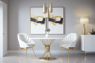 Wooden chairs at table under white lamp in dining room interior with gold painting and tubes. Idea for interior design. AI