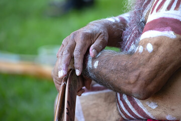 Australian Aboriginal culture, human hands are holding boomerangs, the ritual rite at the community...
