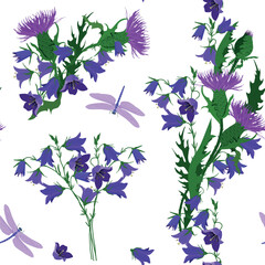 Seamless vector illustration with field bells, thistle and dragonflies on a white background.
